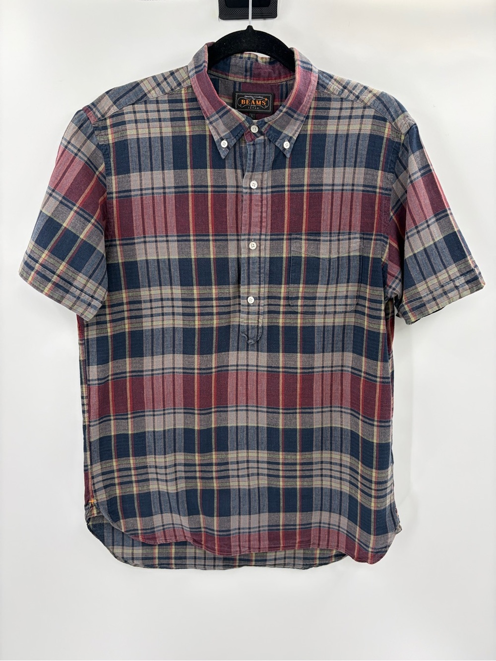BEAMS PLUS Japan Plaid Button Down Short Sleeve Shirt Cotton Blue Red Large